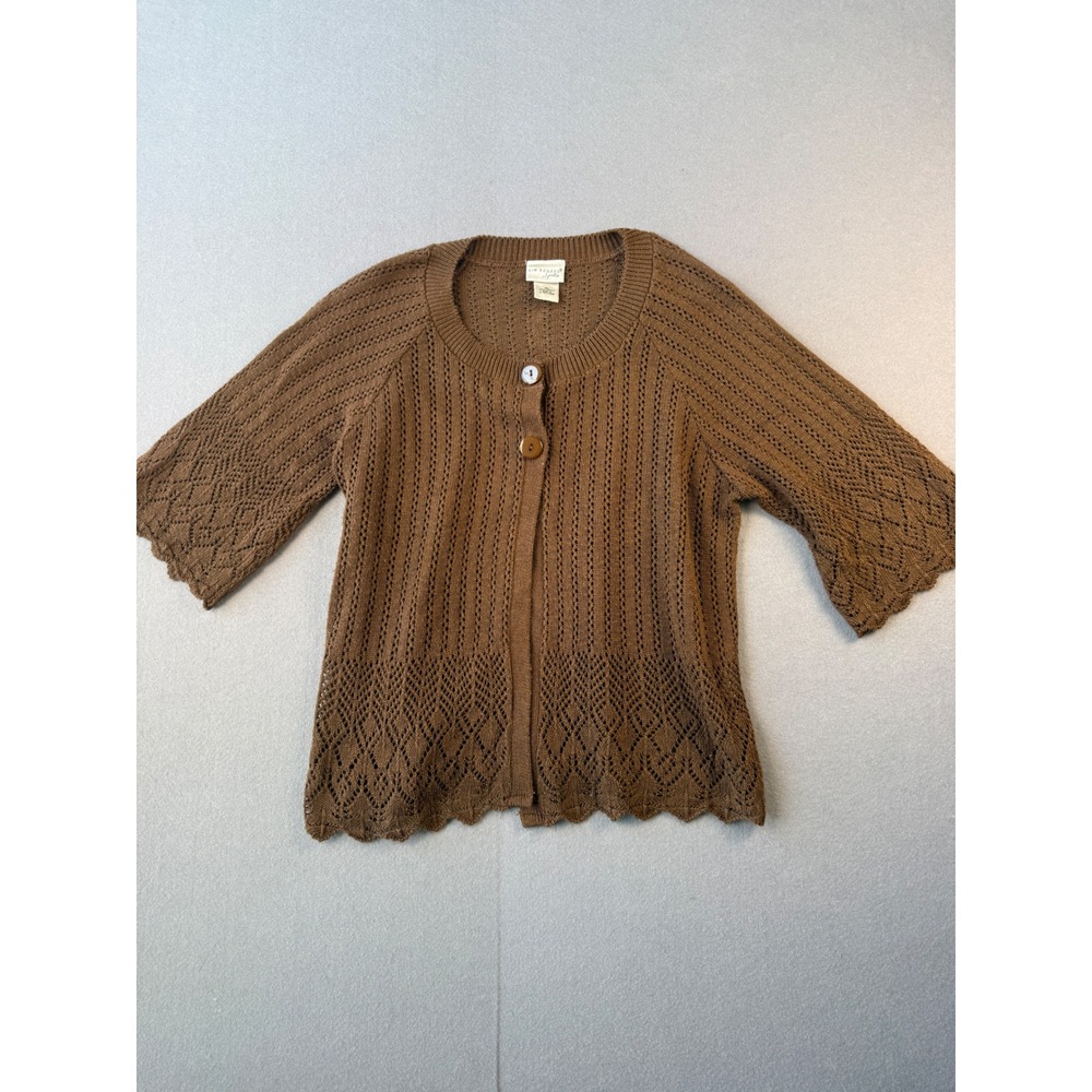 Kim Rogers Signature Womens XL Brown Crochet Pointelle Short Sleeve Cardigan